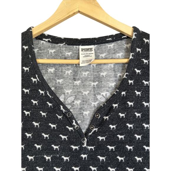 Victoria Secret Sleep Shirt XS Grey Dog Print Waffle Henley PINK Bling Sequins - Picture 3 of 12